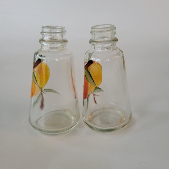 Vintage Anchor Hocking Clear Glass Salt & Pepper Shakers Peaches Hand Painted - Picture 3 of 8